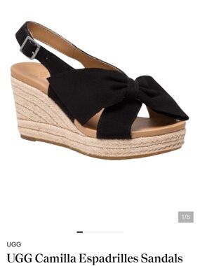 UGG Camilla Espadrilles Sandals Womens 8 Black Suede Peep Toe Sling Back Bow EUC